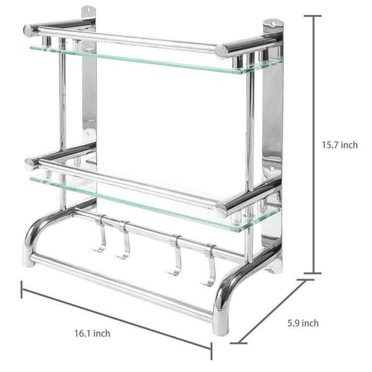 Wall Mounted Stainless Steel Bathroom Rack with 2 Glass Shelves & 2 Towel Bars with Hooks - MyGift Enterprise LLC