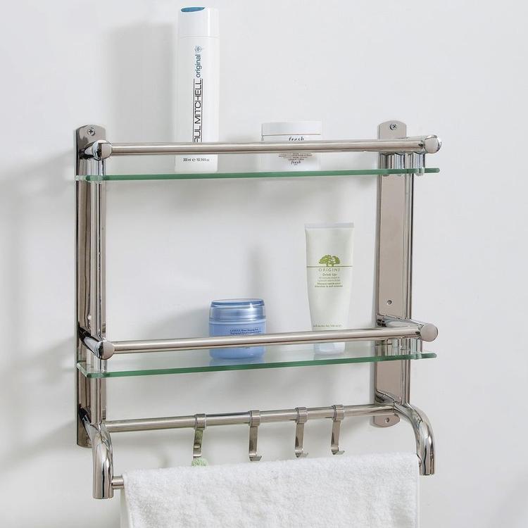 Wall Mounted Stainless Steel Bathroom Rack with 2 Glass Shelves & 2 Towel Bars with Hooks - MyGift Enterprise LLC