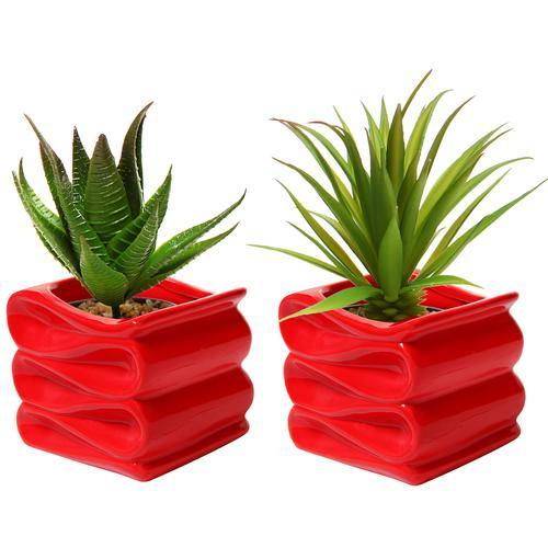 Small Red Modern Folded Design Ceramic Planter, Set of 2
