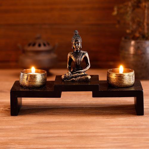 Mini Buddha Statue w/ Wood Base and 2 Tealight Holders - MyGift
