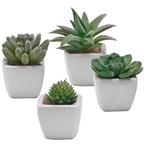 Miniature Artificial Succulent w/ White Ceramic Planter Pots, Set of 4 - MyGift