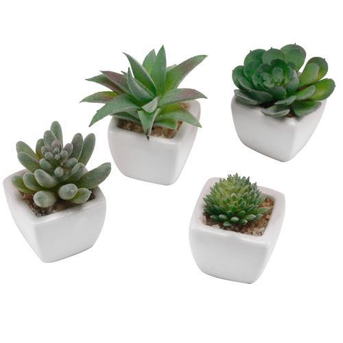 Miniature Artificial Succulent w/ White Ceramic Planter Pots, Set of 4 - MyGift
