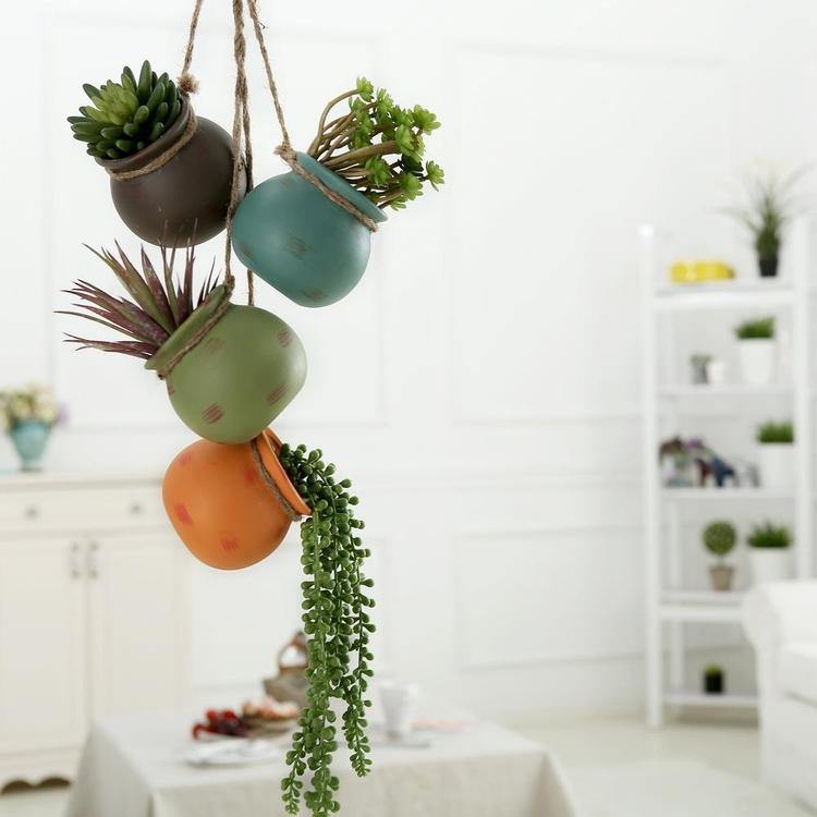 hanging mini plants Hanging Multicolor Round Mini Ceramic 4 Planter Set (Blue, Green, Orange, and Brown)