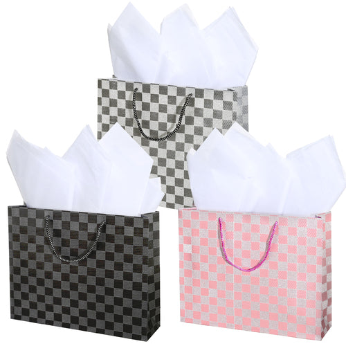 Medium Glitter Checkerboard Design Gift Bags-MyGift