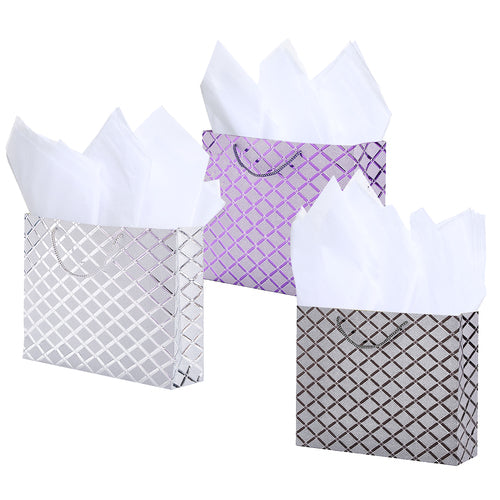 Set of 3 Assorted Diamond Pattern Gift Bags, Medium Size-MyGift