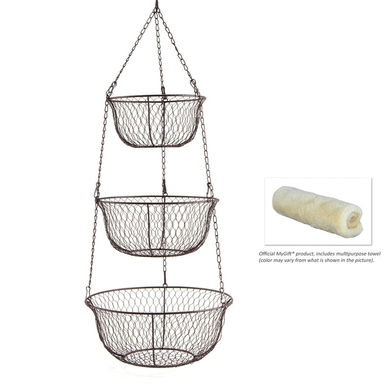 3-Tier Bronze-Tone Metal Chicken Wire Hanging Storage Baskets-MyGift