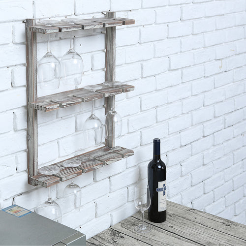 Brown Barnwood Wood Wall-Mounted 12 Wine Glass Holder Rack-MyGift