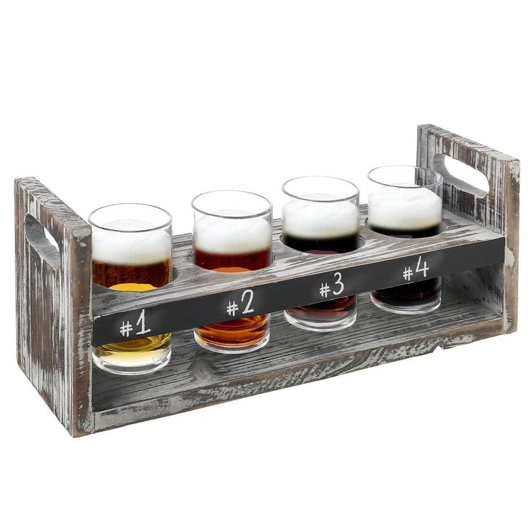 Torched Wood 5 pc Craft Beer Flight Tasting Serving Set with 4 Glasses & Chalkboard Panel - MyGift Enterprise LLC