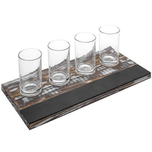 Torched Wood Beer Flight Tray with 4 Glasses & Chalkboard Panel - MyGift
