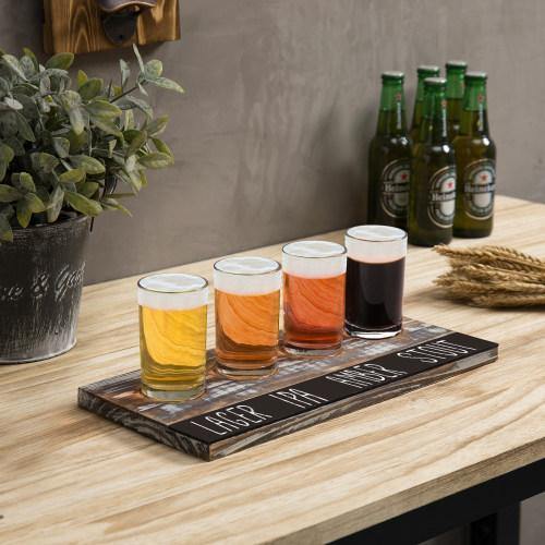 Torched Wood Beer Flight Tray with 4 Glasses & Chalkboard Panel - MyGift