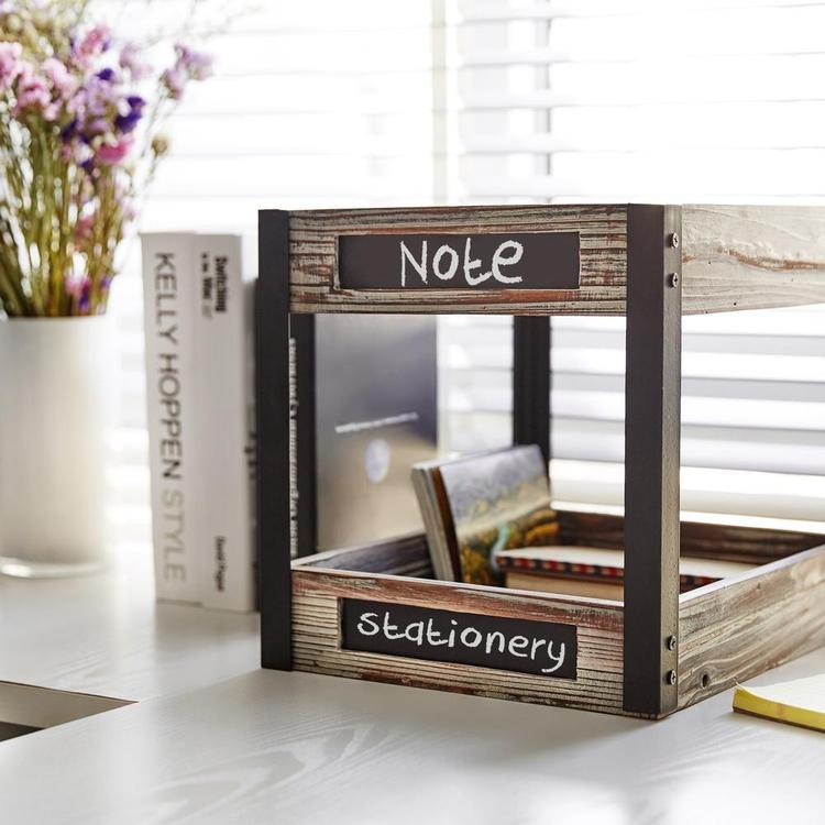 2 Tier Industrial Style Torched Wood Desktop Document Tray with Chalkboard Labels - MyGift Enterprise LLC