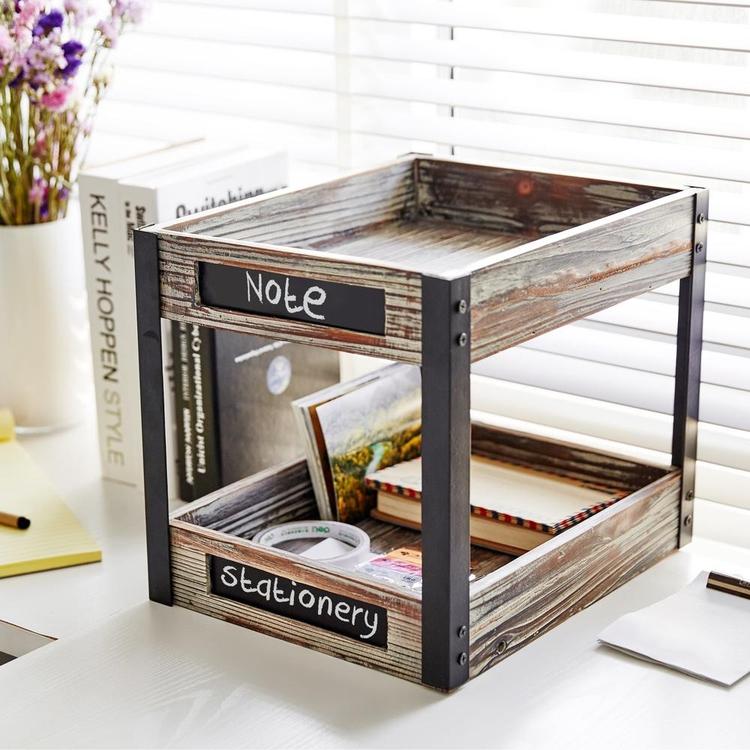 2 Tier Industrial Style Torched Wood Desktop Document Tray with Chalkboard Labels - MyGift Enterprise LLC