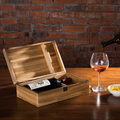 Dark Torched Wood Double Bottle Wine Case, Top Handle Hinged Lid Carrier, Brown - MyGift Enterprise LLC