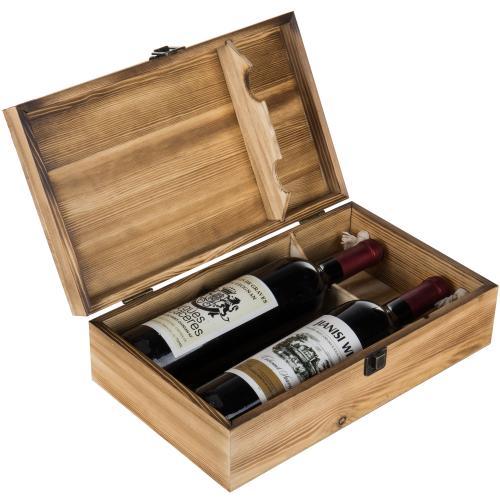 Dark Torched Wood Double Bottle Wine Case, Top Handle Hinged Lid Carrier, Brown - MyGift Enterprise LLC