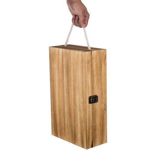Dark Torched Wood Double Bottle Wine Case, Top Handle Hinged Lid Carrier, Brown - MyGift Enterprise LLC
