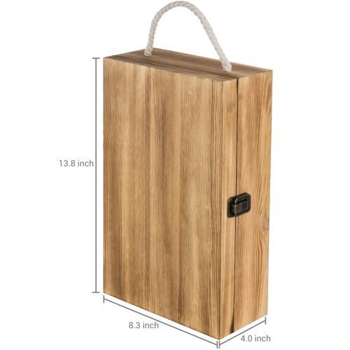 Dark Torched Wood Double Bottle Wine Case, Top Handle Hinged Lid Carrier, Brown - MyGift Enterprise LLC