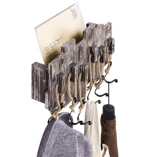 Torched Wood Entryway Mail Sorter with Hooks - MyGift