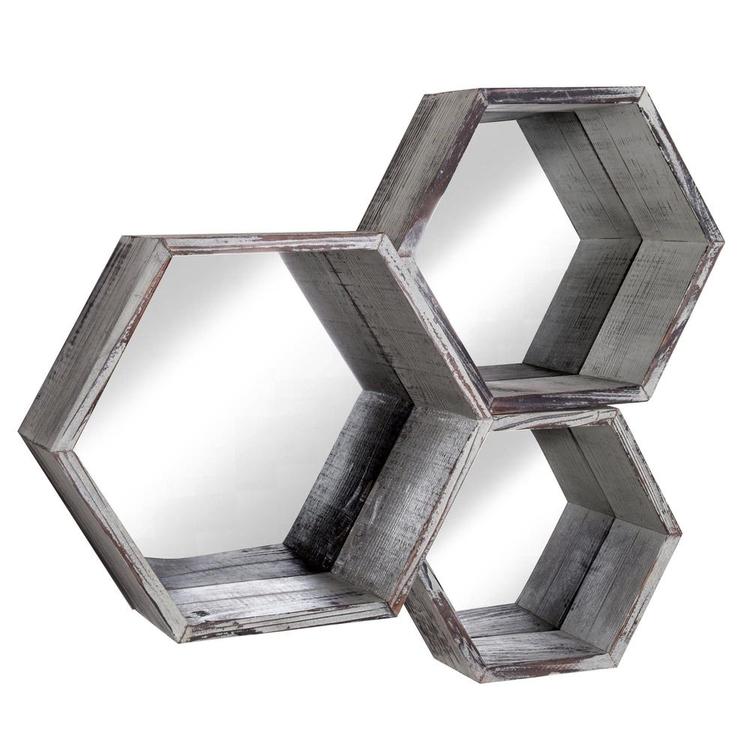 Torched Wood Hexagon Wall Mounted Floating Shelves w/ Mirrored Backing, Set of 3 - MyGift Enterprise LLC