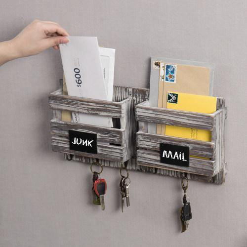 Torched Wood Mail Sorter with 6 Key Hooks & Chalkboard Labels - MyGift