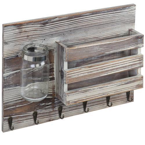 Torched Wood Mail Sorter with Hooks & Mason Jar - MyGift