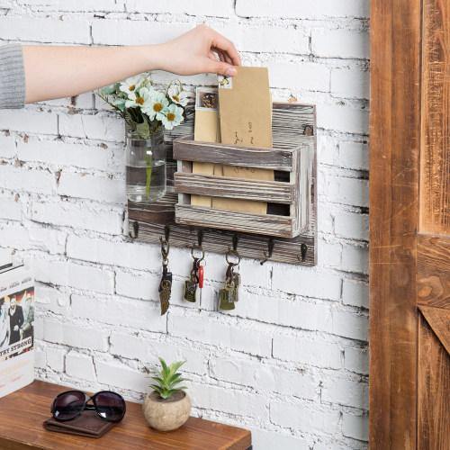 Torched Wood Mail Sorter with Hooks & Mason Jar - MyGift