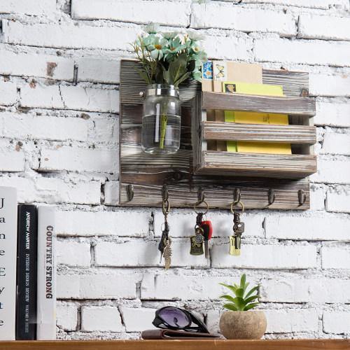 Torched Wood Mail Sorter with Hooks & Mason Jar - MyGift