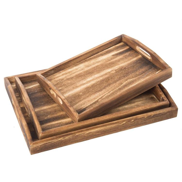 Torched Wood Rectangular Nesting Breakfast Serving Trays, Dark Brown, Set of 3 - MyGift Enterprise LLC
