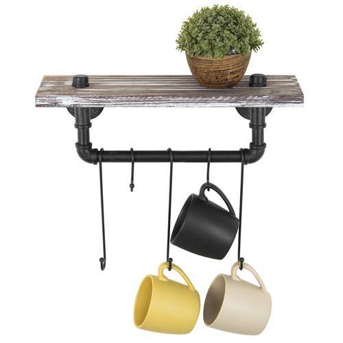 Torched Wood Shelf & Industrial Pipe Hanging Bar Mug Rack - MyGift