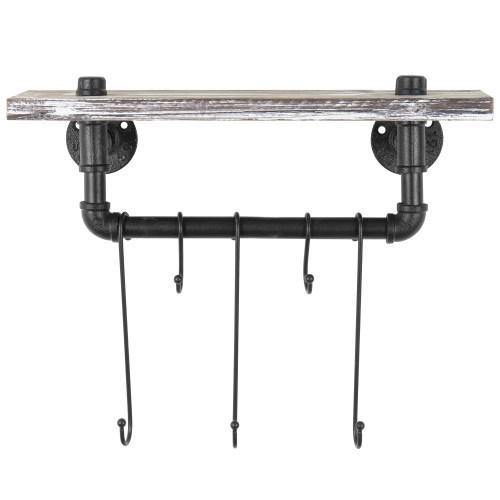 Torched Wood Shelf & Industrial Pipe Hanging Bar Mug Rack - MyGift