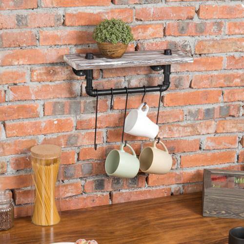 Torched Wood Shelf & Industrial Pipe Hanging Bar Mug Rack - MyGift