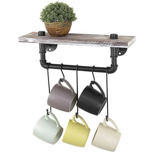 Torched Wood Shelf & Industrial Pipe Hanging Bar Mug Rack - MyGift