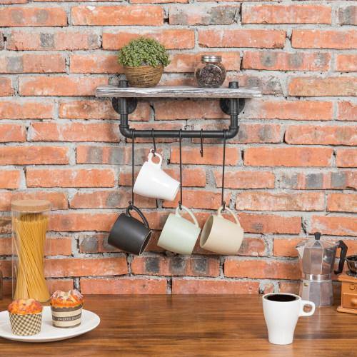 Torched Wood Shelf & Industrial Pipe Hanging Bar Mug Rack - MyGift