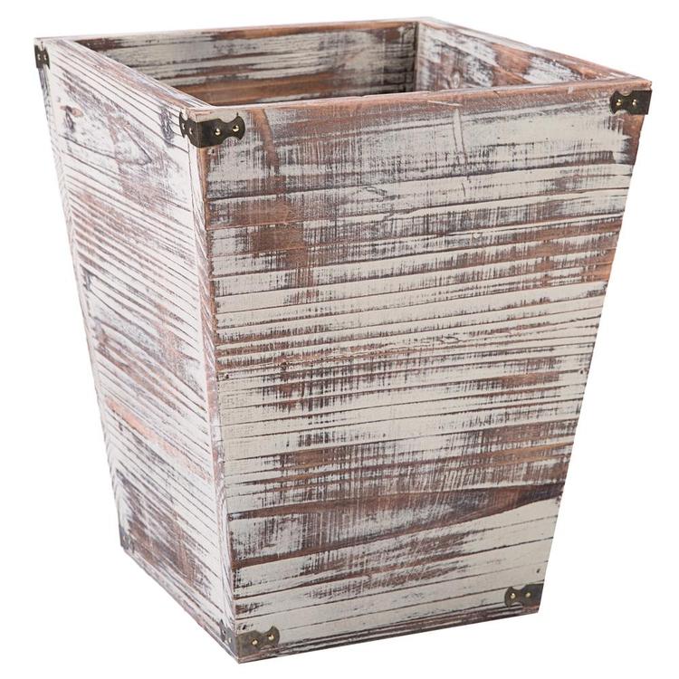 Farmhouse Torched Wood Square Wastebasket Bin with Decorative Metal Brackets - MyGift Enterprise LLC