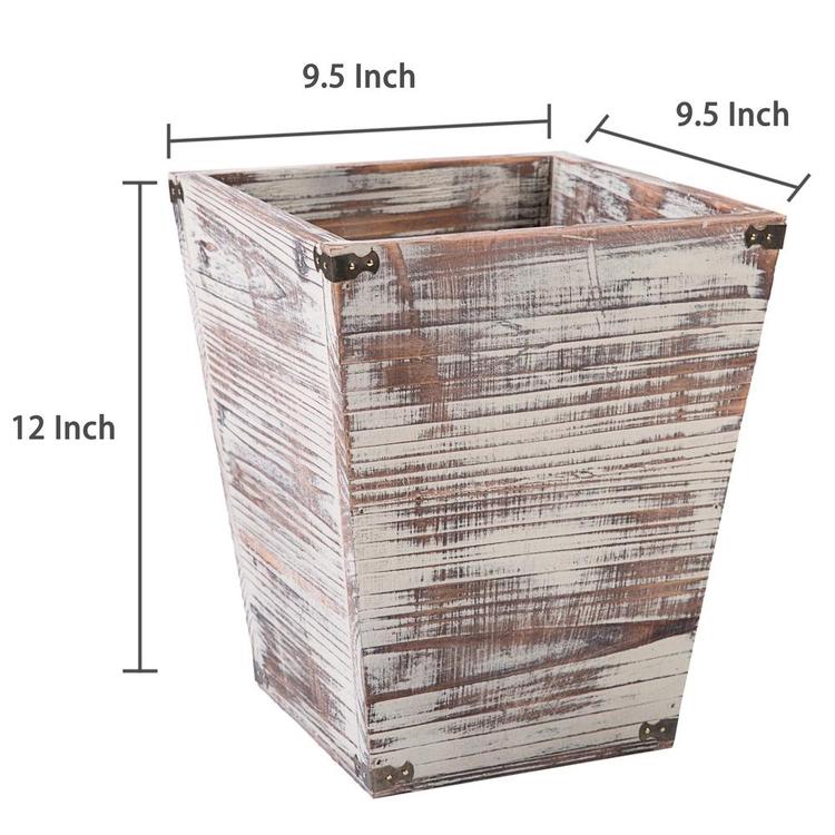 Farmhouse Torched Wood Square Wastebasket Bin with Decorative Metal Brackets - MyGift Enterprise LLC