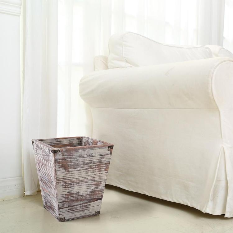 Farmhouse Torched Wood Square Wastebasket Bin with Decorative Metal Brackets - MyGift Enterprise LLC