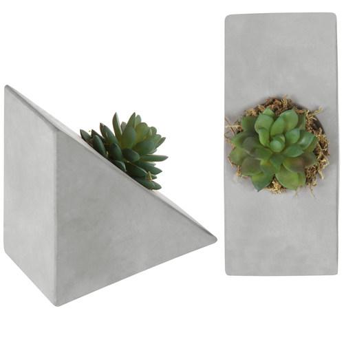 Triangular Concrete Bookends with Decorative Artificial Succulent Plant, 1 Pair