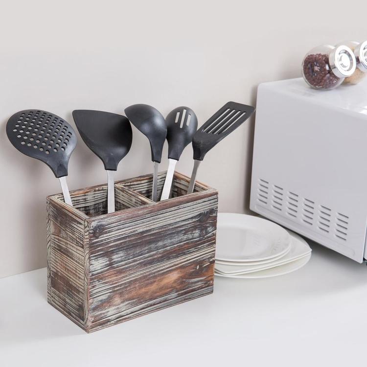 2-Compartment Torched Wood Kitchen Cooking Utensil Holder Organizer Box - MyGift Enterprise LLC