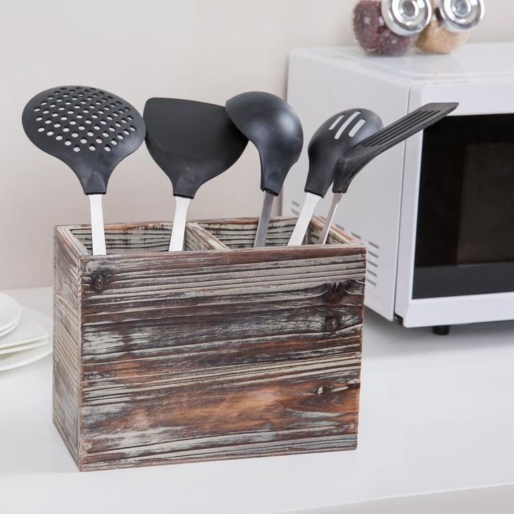 2-Compartment Torched Wood Kitchen Cooking Utensil Holder Organizer Box - MyGift Enterprise LLC