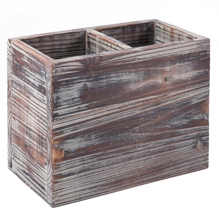 2-Compartment Torched Wood Kitchen Cooking Utensil Holder Organizer Box - MyGift Enterprise LLC