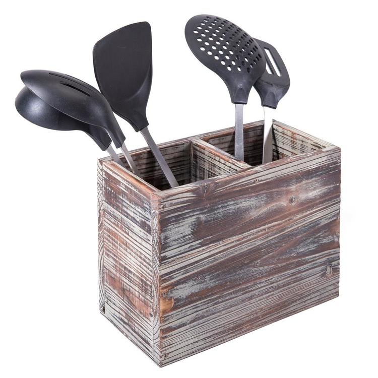 2-Compartment Torched Wood Kitchen Cooking Utensil Holder Organizer Box - MyGift Enterprise LLC