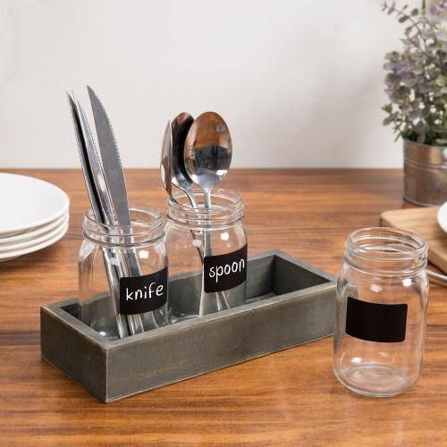 Utensil Organizer w/ Mason Jars, Chalkboard Labels and Vintage Gray Wood Tray - MyGift