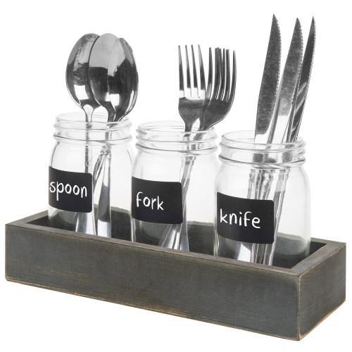 Utensil Organizer w/ Mason Jars, Chalkboard Labels and Vintage Gray Wood Tray - MyGift