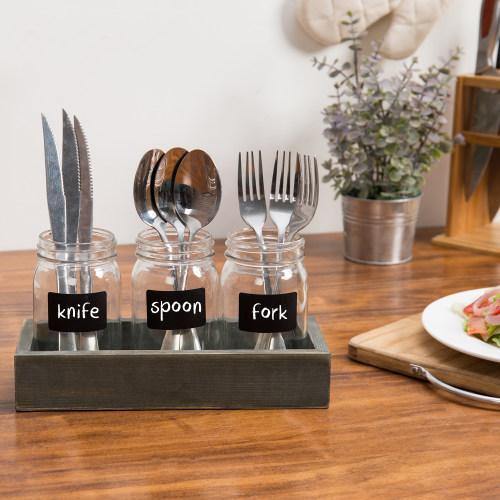 Utensil Organizer w/ Mason Jars, Chalkboard Labels and Vintage Gray Wood Tray - MyGift