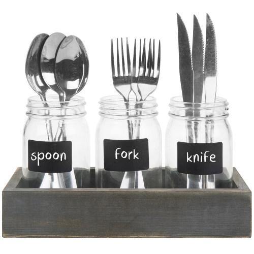 Utensil Organizer w/ Mason Jars, Chalkboard Labels and Vintage Gray Wood Tray - MyGift