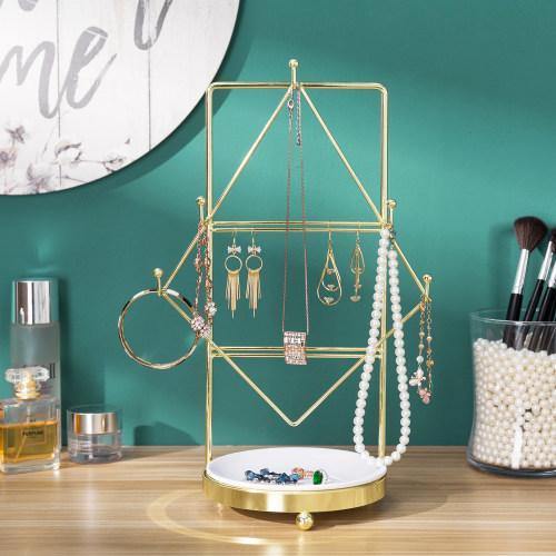 Vintage Brass Tone Jewelry Rack with Ceramic White Ring Dish - MyGift