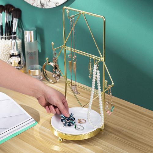 Vintage Brass Tone Jewelry Rack with Ceramic White Ring Dish - MyGift