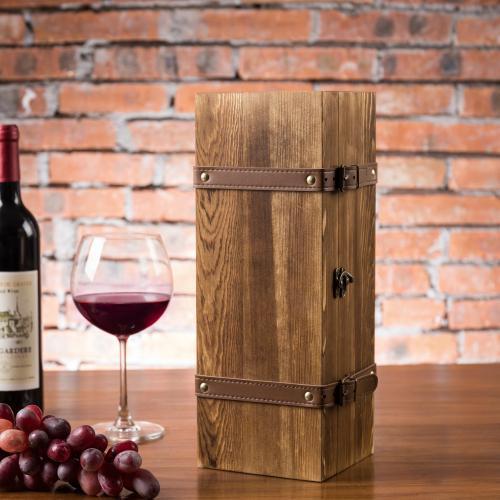 Vintage Brown Wood Wine Gift Box with Leatherette Straps