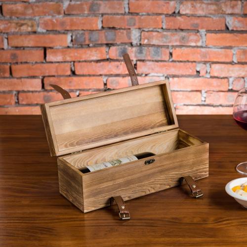 Vintage Brown Wood Wine Gift Box with Leatherette Straps