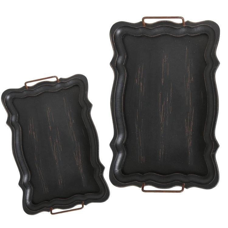 Vintage Dark Wood Trays with Metal Handles, Set of 2 - MyGift