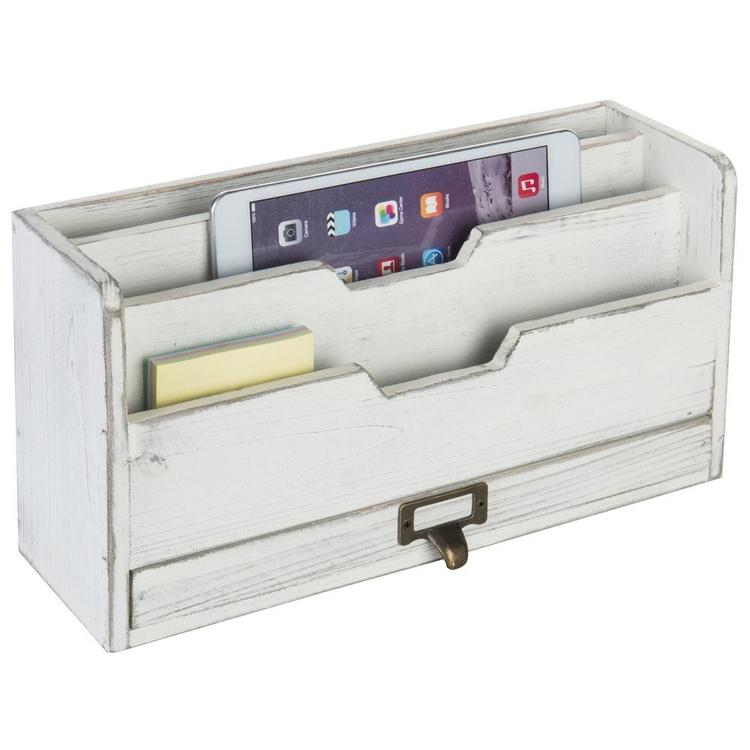 Vintage White Wood Desktop 3-Slot Mail Sorter with Pullout Drawer - MyGift Enterprise LLC